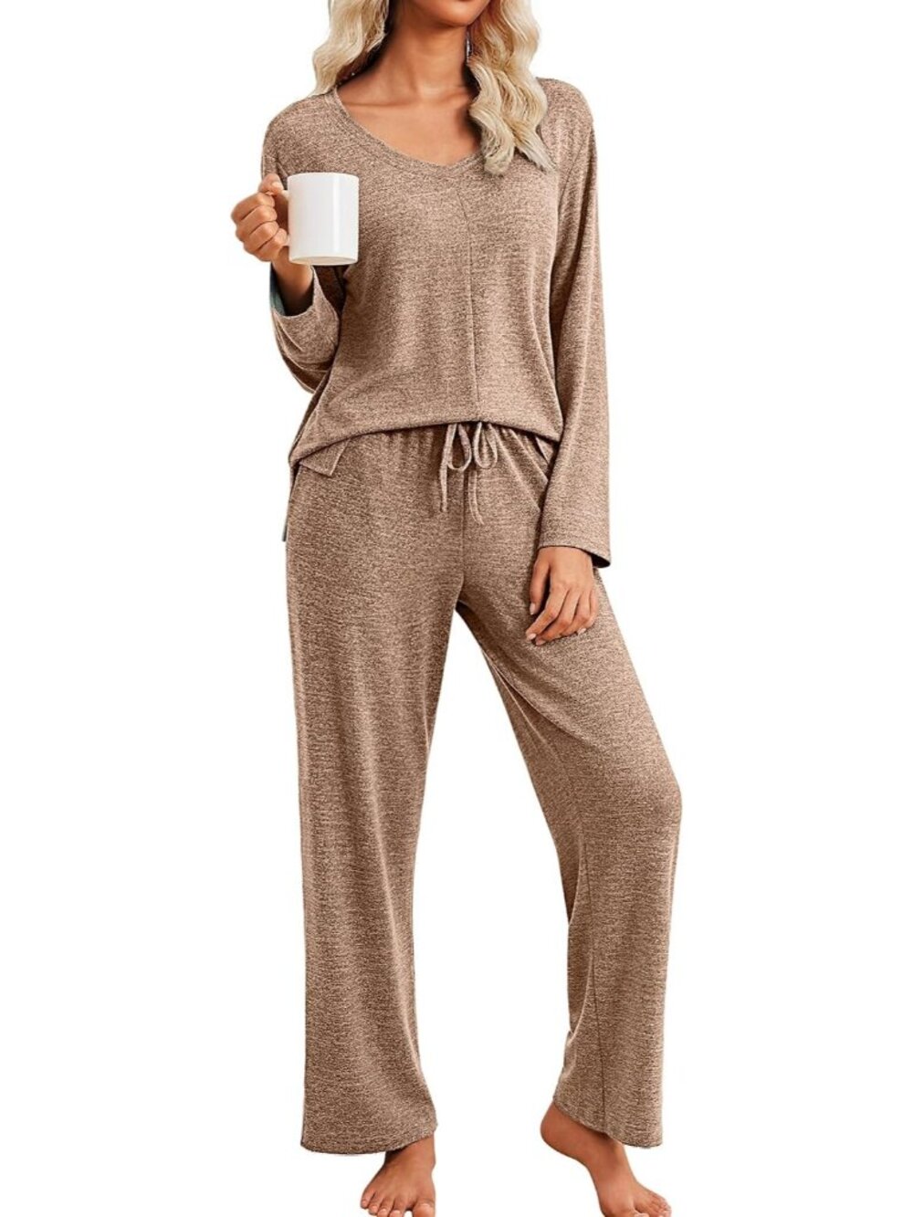 Women's Brown V Neck long sleeves Shirt 2 Piece side pocket Pajamas Set